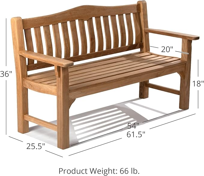Ash & Ember Hawthorne Grade A Teak 61" Bench, Seats 2-3 People Comfortably, Weather Resistant Indoor Outdoor Solid Wood Patio Furniture with Tightly Spaced Slats, Bowed Back, Armrests