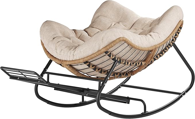 SWITTE Outdoor Papasan Rocking Chair with Adjustable Footrest, Oversized Wicker Zero-Gravity Chair with Cushion, All-Weather Lounge for Patio, Living Room-Cream