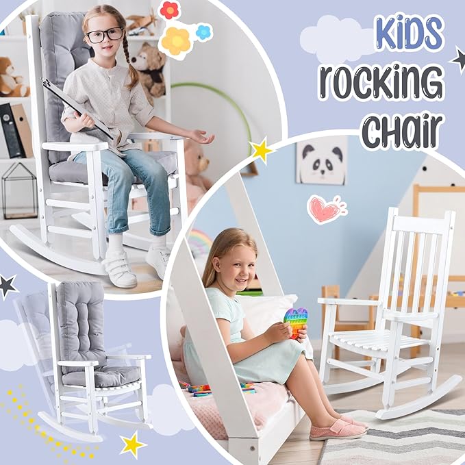 Kids Rocking Chair Cushion Pad Set Toddler Rocking Chair Indoor Outdoor Wooden Rocker Child Patio Rocker for Porch Balcony Lawn Indoor Outdoor(White,Ages 6-10)