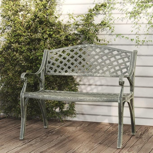 Vintage Garden Bench Green Cast Aluminum and Cast Iron Outdoor Seating with Floral Design for Patio Balcony Relaxation Comfortable Two Person 40.2 Inch Long Durable Metal