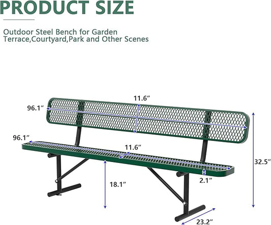 8FT Park Benches for Outside, Garden Benches Weatherproof with Backrest - Heavy-Duty Metal Bench for Patio Porch Backyard School Sports Church Locker Room Bench Commercial-Grade Seating Green