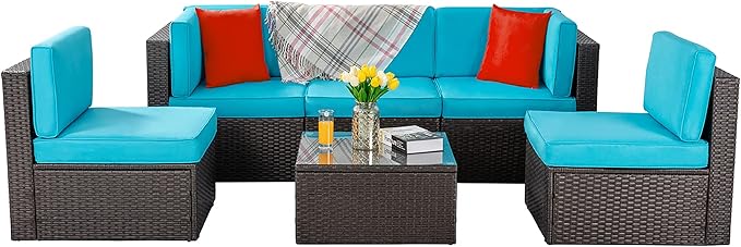 Vongrasig 6 Piece Patio Furniture Set, Small Outdoor Sectional Sofa Couch, All Weather PE Wicker L-Shaped Corner Patio Sofa Garden Backyard Patio Conversation Set w/Glass Table, Blue