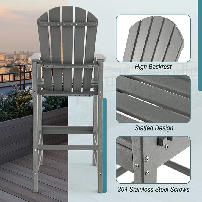 ORALNER Tall Adirondack Chairs, Outdoor High Back Balcony Chair, Weather Resistant HDPE Resin Plastic Bar Height Stools, 360 LBS Lifeguard Chair for Pool Patio Deck Backyard (1, Grey)