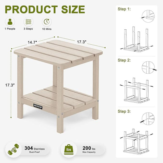 Outdoor Side Table HDPE Small Outdoor End Table Patio Side Tables Square for Backyard Pool Porch Balcony Double Layer Storage, Sand (Wood Grain Finish)