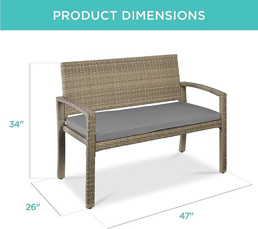 Best Choice Products Outdoor Bench 2-Person Wicker Garden Patio Benches Seating Furniture for Backyard, Porch w/Seat Cushion, 700lb Capacity - Cement Gray/Taupe