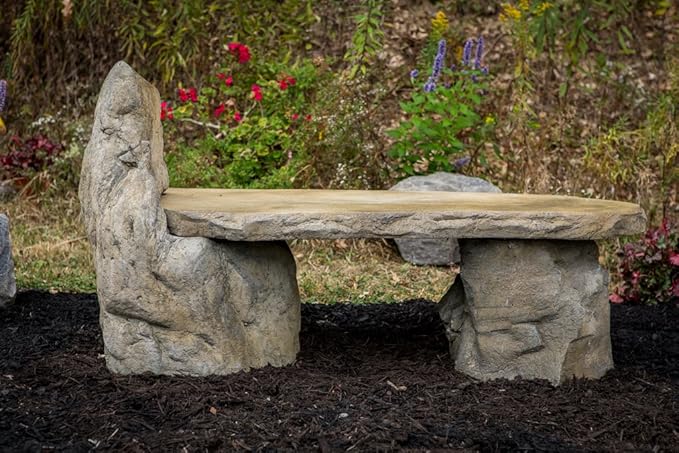 Athena Garden Basalt Stone Boulder Bench with Back, Cast Stone Rustic Lounge Bench, Outdoor Garden Patio Bench, 3 Piece Hand Sculpted Rock Garden Bench Outdoor Decor