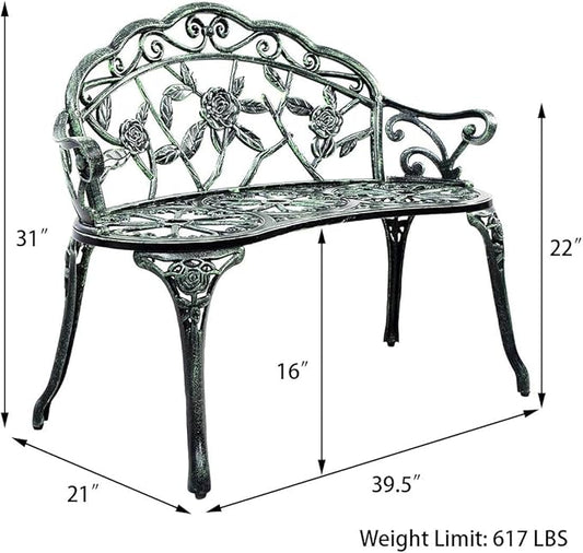 Patio Outdoor Park Loveseat Bench for Garden Porch Deck Made Cast Iron Anti-Rust Aluminum Metal, 2-3 Seater (38.5" Inch Aluminum Outdoor Rose Green Bench)