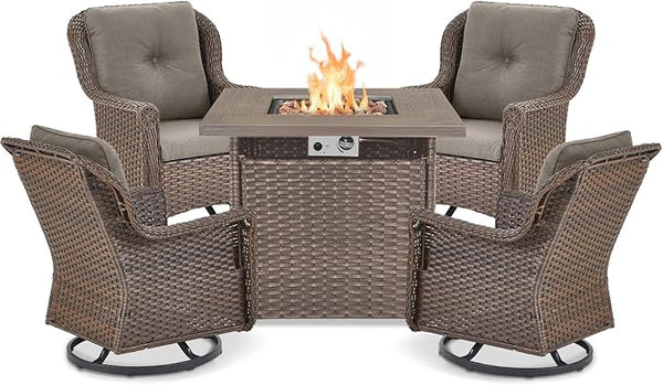 Outdoor Patio Swivel Gliders with Fire Pit Table 5 Piece Set - High Back Brown Wicker Rattan Rocking Chair with Thick - Photo 1