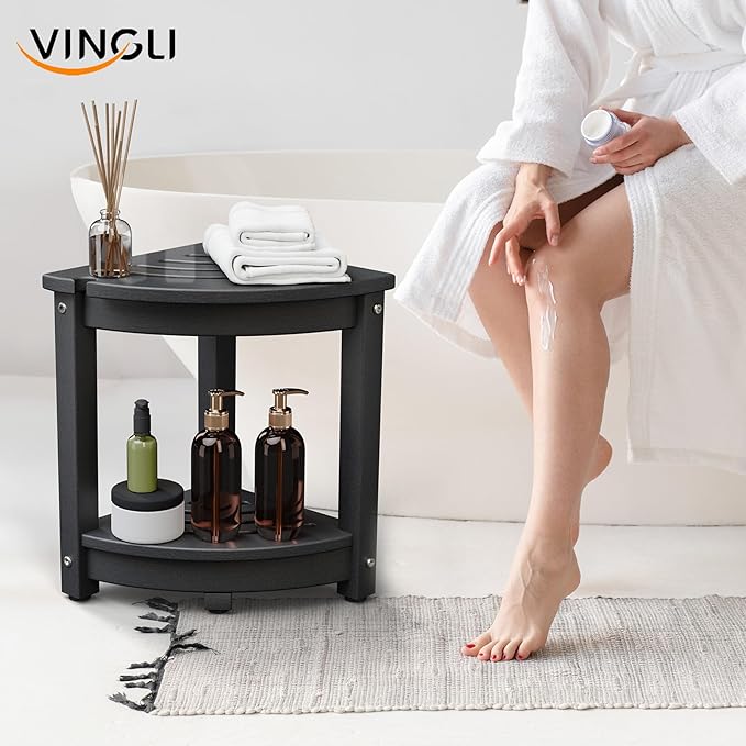 VINGLI Outdoor Side Table, HDPE Space-Saving Patio Side Table Corner Table Shower Bench, Waterproof 2-Tier Patio End Tables for Balcony Garden Deck (Black)