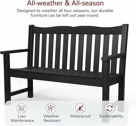 Stoog 4-Piece Patio Furniture Set, All-Weather Outdoor Dining Set, Include 1 Outdoor Bench, 2 Outdoor Chairs and 1 Coffee Table, Black