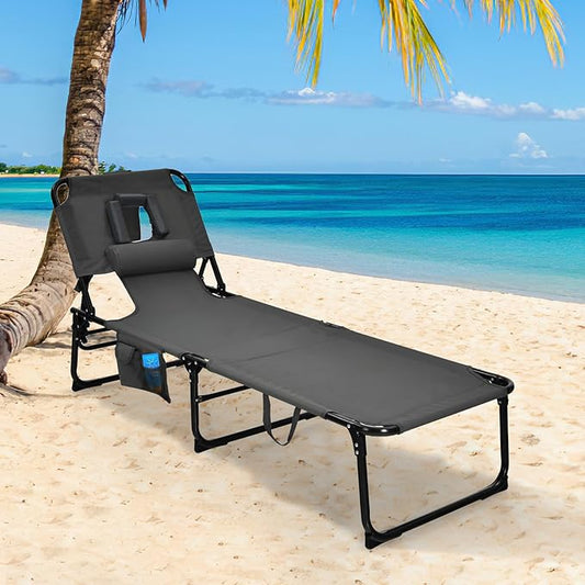 Goplus Tanning Chair, Folding Adjustable Patio Lounge Chair with Face Hole, Removable Pillow, 330LBS, Carry Strap, Outdoor Sunbathing Chair, Lightweight Portable Beach Lounge Chair, No Assembly