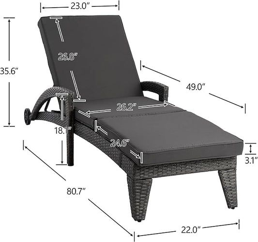 Chaise Lounge Chairs Set of 2, Upholstered 4-Positions Adjustable Lounge Chairs, Wicker Outdoor Long Reclining Chaise Lounge Set Pool Lounge Chairs with Wheels for/Deck/Beach/Yard, Grey