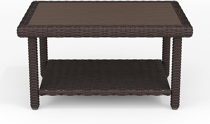 Martha Stewart Bedford Indoor-Outdoor Patio Coffee Table with Lower Shelf, Faux Wood Top, and Rattan Wicker Finish in Brown