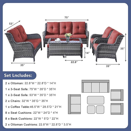 Rilyson Outdoor Patio Furniture Sofa Set - 7 PC Rattan Wicker Patio Sectional Conversation Sets with Sofa,Loveseat,Coffee Table,Armrest Chairs and Ottomans for Porch Deck Garden(Mixed Grey/Red)