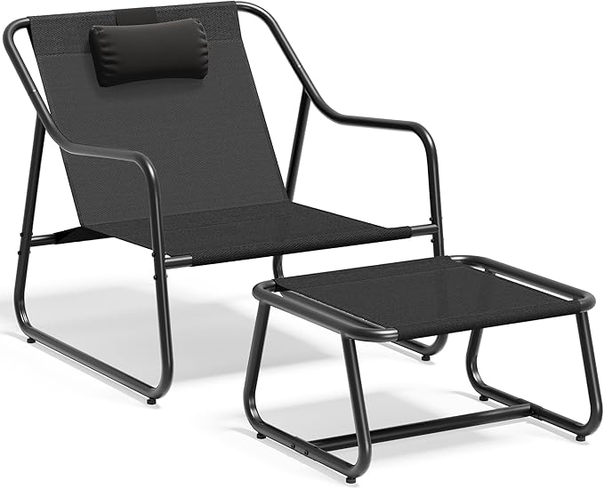 YITAHOME Patio Lounge Chair with Ottoman, Oversized Papasan Chair, Versatile Indoor/Outdoor Textilene Lounge with Metal Handrail and Footstool, Ideal for Living Room, Porch, Backyard or Garden