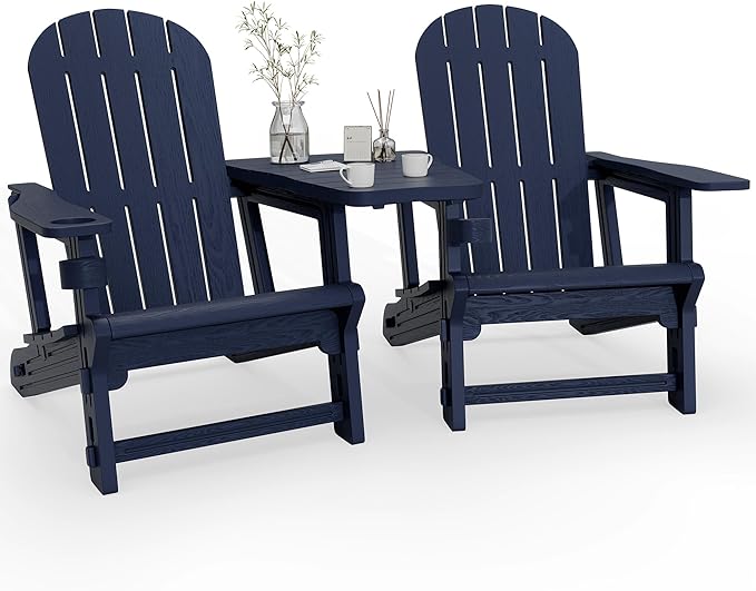Vongrasig Adirondack Chairs Set of 2 with Removable Tabletop, All-Weather HDPE Outdoor Chair Set with Wooden Textured, Cup Holder for Patio, Poolside, Deck, Garden, Dark Blue