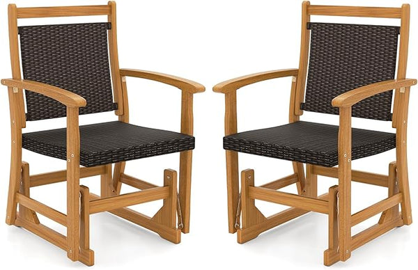 HAPPYGRILL Outdoor Glider Chair Set, Acacia Wood Porch Glider with Rattan Seat and Backrest, Swing Rocking Armchair for Patio, Backyard, Garden, Balcony