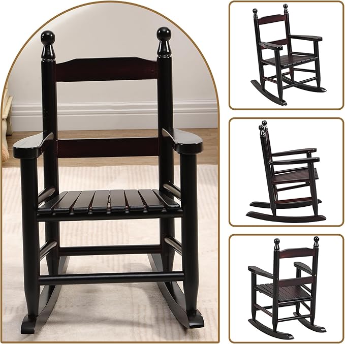 Toddler Rocking Chair for Kids Age 2-5, Hardwood Porch Rocker with Back Support & Armrest for Small Spaces Living Room Outdoor Garden, Easy Assembly (Espresso)