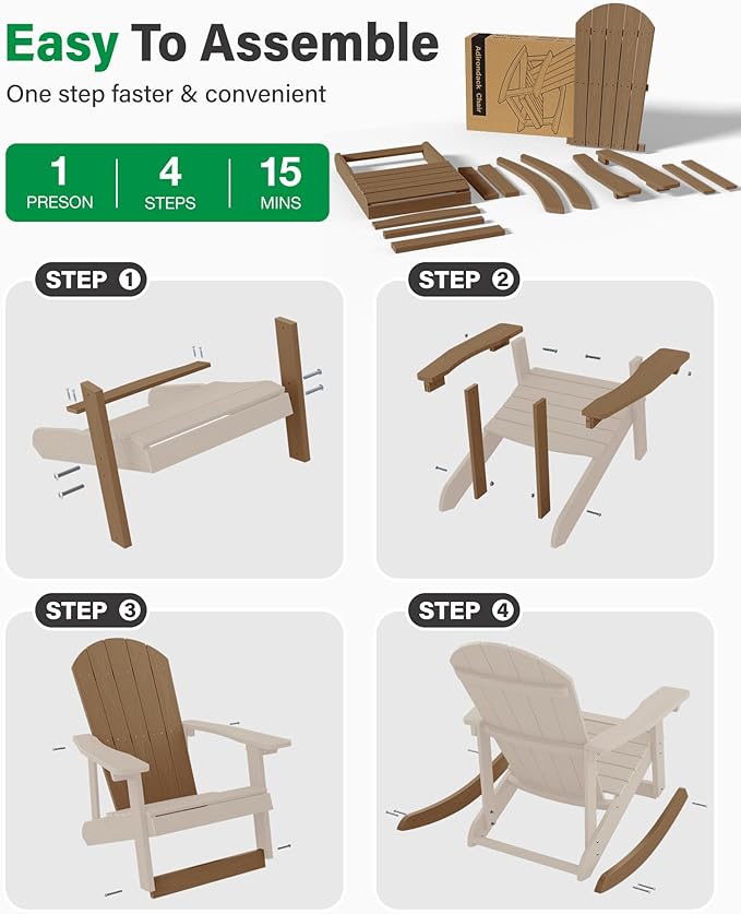 YEFU Outdoor Rocking Chair,Adirondack Rocking Chair,Patio Rocker Chair with Wide Back,Oversized Rocker Chair Look Like Real Wood, for Lawn, Porch, Backyard, Indoor and Garden(Teak)