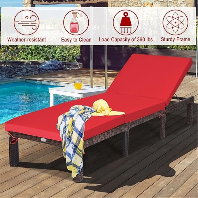 Pemberly Row Outdoor Lounge Chair, Steel and PE Rattan, Adjustable Reclining, Removable Cushion, Red, 77.5 x 26 Inch, Weather-Resistant Patio Furniture for Porch, Poolside, or Seaside Relaxation