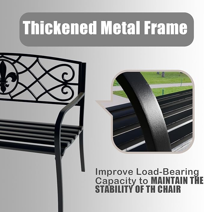 Metal Bench Patio Bench, Outdoor Benches Weatherproof with Floral Backrest, Wrought Iron Garden Benches for Outdoors, Patio, Garden, Park, 2 Pack