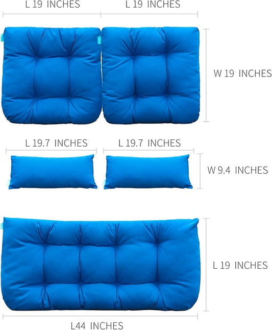 QILLOWAY Outdoor Patio Wicker Seat Cushions Group Loveseat/Two U-Shape/Two Lumbar Pillows for Patio Furniture,Wicker Loveseat,Bench,Porch,All Weather, Settee of 5 (Blue)