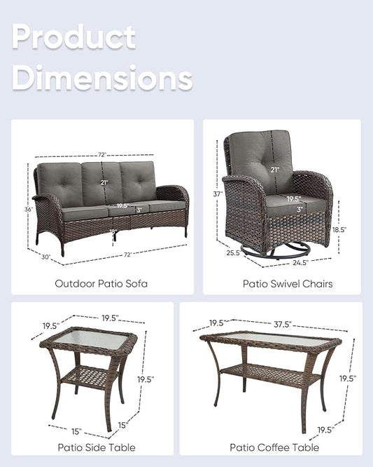 5 Pieces Wicker Patio Furniture Set-Outdoor Swivel Rocker Patio Chairs Patio Sofa Set with Tempered Glass Top Outdoor Coffee Table for Deck Lawn Porch Balcony Poolside-Brown/Grey
