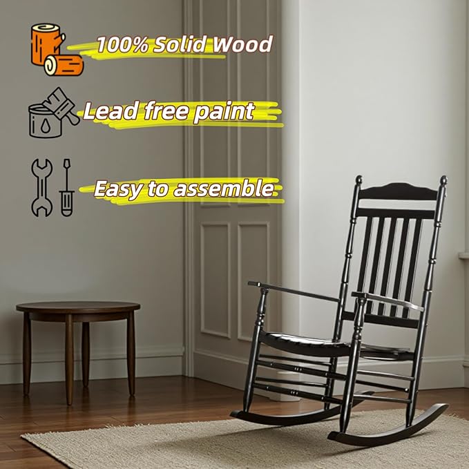 Outdoor Patio Rocking Chairs Set of 2 Porch Wooden Comfy Rockers for Adult Furniture Indoor Outside Camping Balcony Garden Backyard Lawn and Bistro, Black