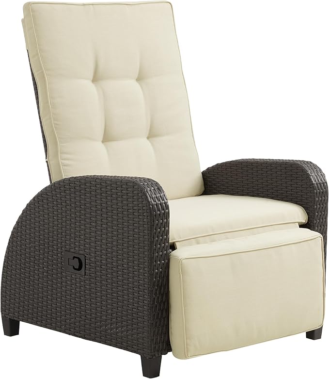Green4ever Outdoor Patio Recliner with Adjustable Backrest and Footrest, All-Weather Wicker Patio Chair, 160° Lay Flat Patio Reclining Lounge Chair for Garden Backyard, Beige