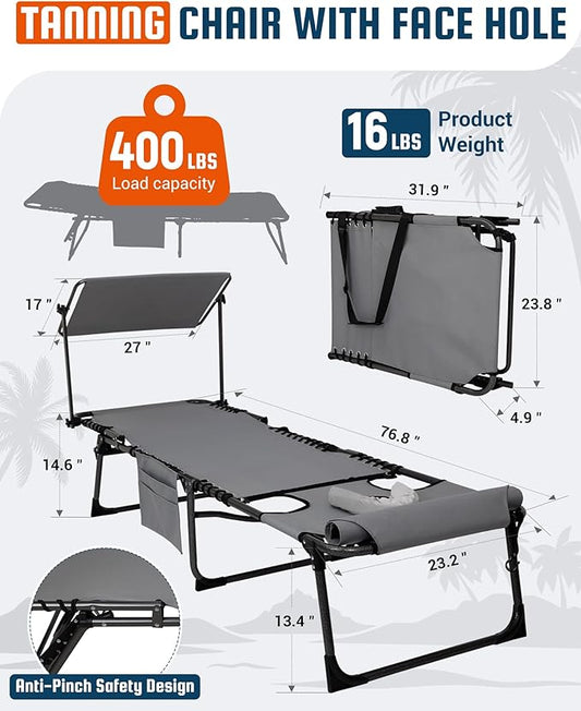 KingCamp Lounge Chair with face Hole & Canopy Shade, 400LBS Folding Portable Tanning Chair with face Hole, Adjustable 5-Position Foldable Beach Sun Tanning Chair for Outside Beach Patio Outdoor Pool
