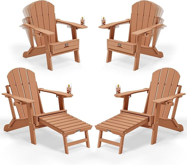 VINGLI Back-Adjustable Plastic Folding Adirondack Chairs Set of 4 with Retractable Footrest & 2-in-1 Cup Holders - Photo 1