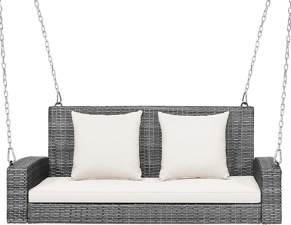 RELAX4LIFE 2-Person Porch Swing Bench - PE Rattan Outdoor Swing Chair with Comfortable Seat & Back Cushions - Photo 1