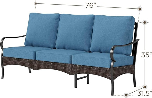 PHI VILLA Wicker & Metal Outdoor Patio Couch,3-Seat Patio Sofa with Deep Seating for Front Porch, Deck, Balcony, Backyard, Sunroom,Navy