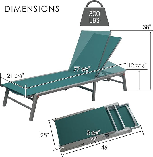 Kozyard Outdoor Foldable Lounge Chair, Aluminum Frame Patio Lounger with 5-Position Adjustable Backrest, Breathable Textilene Fabric, Assemble-Free, Reclining Full-Flat Poolside(MintGreen, No Table)