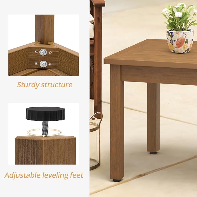 LUE BONA Outdoor Coffee Table Rectangle, 42.5" HDPS Patio Coffee Tables for Outside, All Weather Patio Coffee Table with Slatted Tabletop for Deck, Garden, Balcony, Indoor or Outdoor Use, Teak