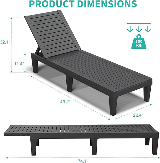 Outdoor Chaise Lounge Chairs Set of 4, 5-Position Adjustable Tanning Lounge Chairs with Wood Texture, All-Weather Resin Patio Lounge Chair for Pool, Garden, Deck, Beach, Striped Black