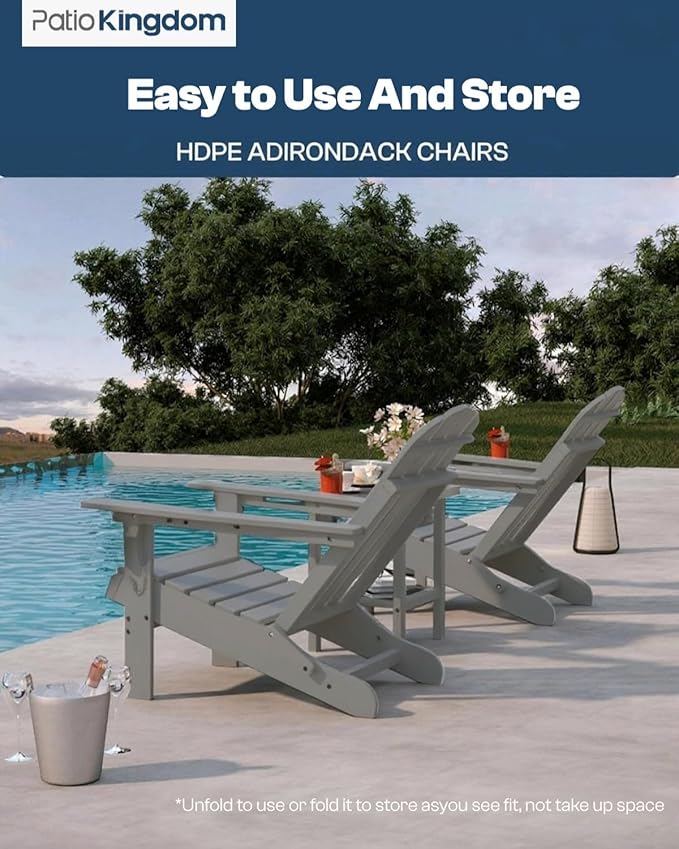 Grey 6-Piece Folding Adirondack Chair Set with Cup Holders, Ottomans, Side Table & Beige 11FT Cantilever Umbrella with Base, HDPE Outdoor Chairs