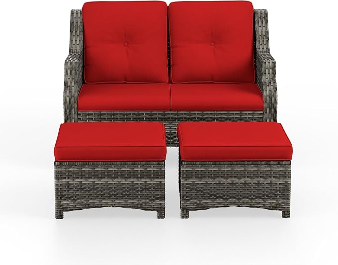 3 Piece Patio Furniture Set, 2-Seater Loveseat and 2 Ottomans PE Wicker Footstool, Outdoors Rattan Conversation Set with Deep Seating and Olefin Cushions, for Backyard, Garden, Red