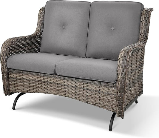 Patio Loveseat Wicker Loveseat Rattan Glider Sofa with Curved Armrest Thicking Back & Seat Cushions for Garden Balcony Backyard Grey Wicker|Grey Cushions (A) Patio Loveseat Glider