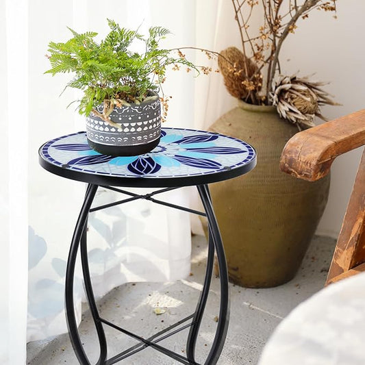 VCUTEKA Patio Side Table Outdoor Accent Table Bistro Coffee Table Plant End Table Small Porch Tables Indoor Round Glass Balcony Blue Flowers 14 inches