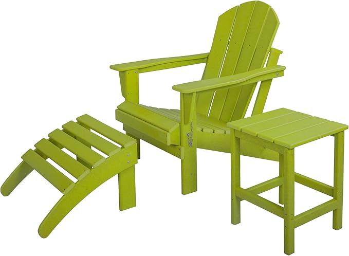 WO Home Furniture 3pc Set - HDPE Poly Adirondack Chair with Ottoman/Footrest and Square Side Table, All Weather and UV Resistant for Outdoor Patio Backyard, Garden, Lime