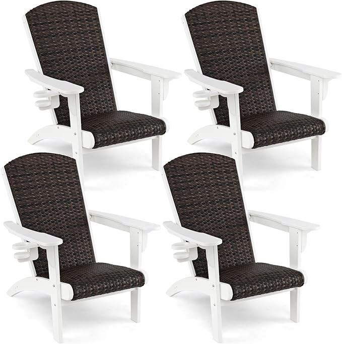 Tangkula Patio Wicker Adirondack Chair, HDPE Lounge Chair w/Rattan Padded Seat & Back, Wide Armrests & Hidden Cupholder, Outdoor All-Weather Adirondack Fire Pit Chair for Backyard, Lawn (4, White)