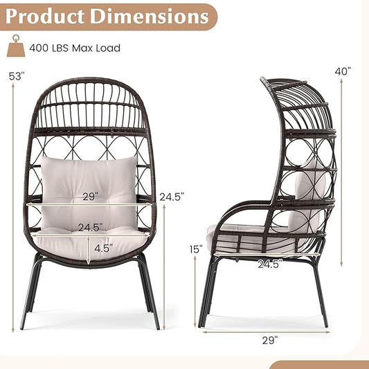 Tangkula Narrow Wicker Egg Chair Outdoor, Patio Rattan Lounge Basket with Seat & Back Cushions, Metal Indoor Outdoor Leisure Sofa Cocoon Chair for Bedroom, Backyard, Balcony, 400 lbs Max Load