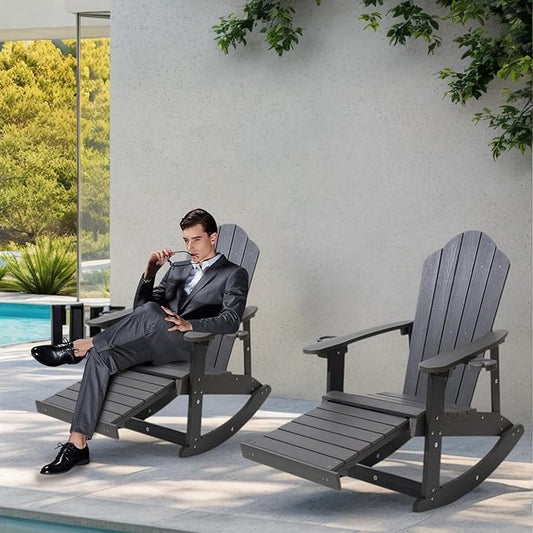 Adirondack Rocking Chair Set of 2, Weather-Resistant and Durable, with Cup Holder and Footstool,Outdoor Rocking Chair Suitable for Porch,Courtyard,Balcony,Corridor,Backyard,Grey