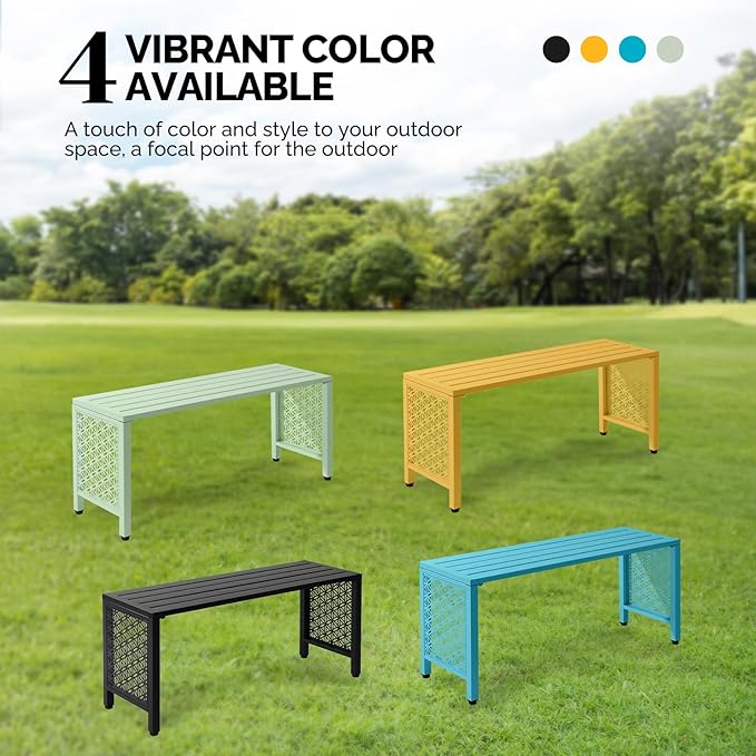 VINGLI 40in Outdoor Metal Bench, All-Weathe Backless Patio Bench with Slatted Seat&Floral Side Panels, Rust-Resistant Garden Bench, Weatherproof Outdoor Seating for Porch Entryway Backyard (Green)