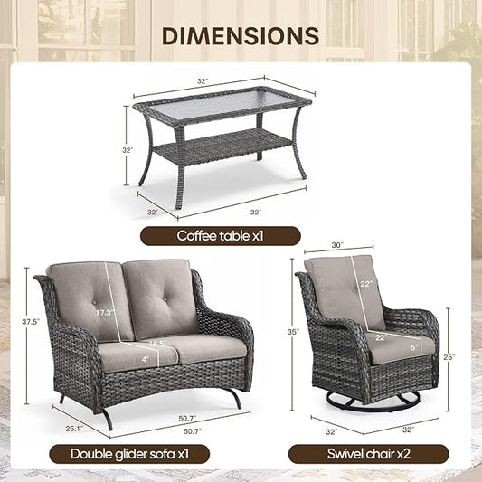 Patio Loveseat Glider Set, Resin Wicker Loveseat Glider with 4 Swivel Patio Chiars Coffee Table, 6 Piece Patio Conversation Set PE Rattan Loveseat Set, Grey Wicker|Grey Cushions