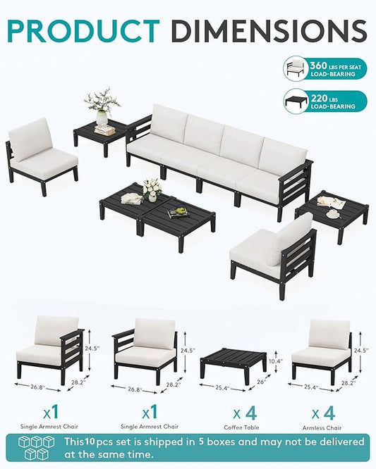 SERWALL HDPE Outdoor Furniture Set, 10 Pieces Patio Sectional Sofa Set, All-Weather Wood-Like Outdoor Sofa with Coffee Table for Deck, Garden, Black Frame with Khaki Cushion
