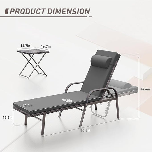 ALAULM 3 Pieces Outdoor Chaise Lounge Set Rattan Wicker Adjustable Pool Lounge Chair w/Folding Table,Patio Armrest Recliner for Beach, Poolside,Black
