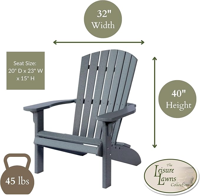 Leisure Lawns Poly Plastic Fanback Adirondack Chair, Outdoor Patio Chair - Amish Made in USA (Dark Gray)