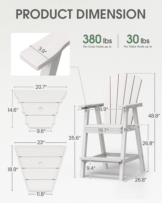 Tall Adirondack Chairs Set of 4, HDPE High Adirondack Chairs with Double Removable Trays, All Weather Outdoor Barstools for Patio, Balcony, Backyard, Deck and Garden, White